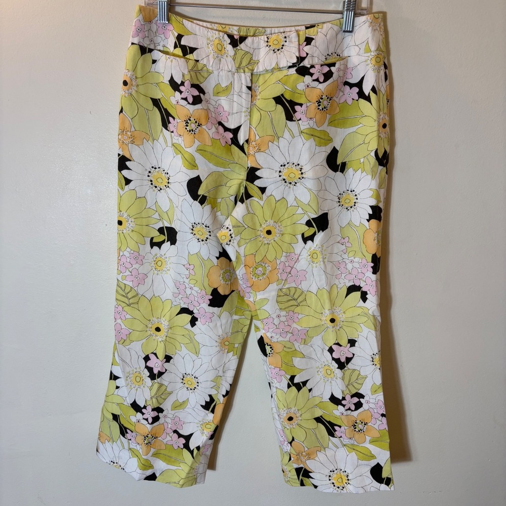 Vintage‎ Talbots Floral Linen Crop Pants Size 12P Green Yellow Daisy